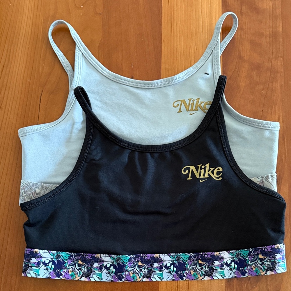 Nike Two-Pack Crop Sports Bras in Black and Light Blue with Floral Trim 10 12